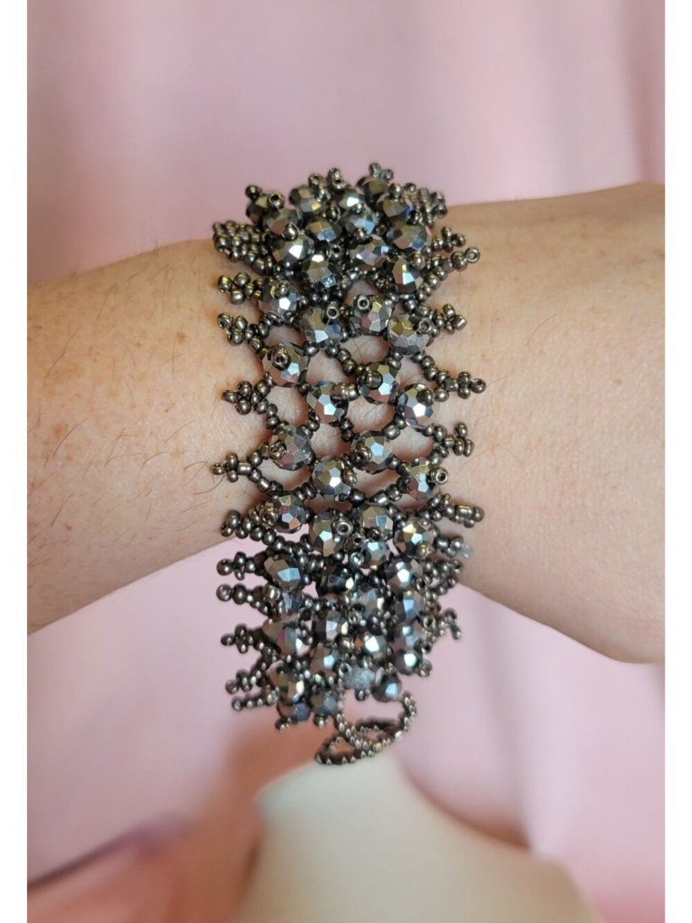 Silver Faceted Seed Beaded Braided Wrap Bracelet B1A